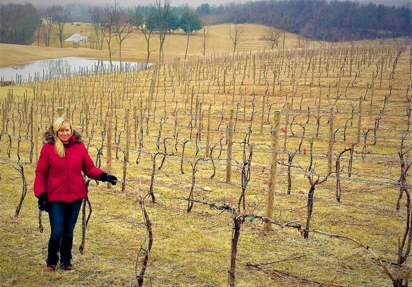 Maggie Malick in the vineyard during winter